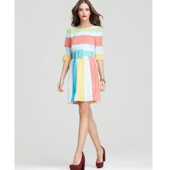 ALICE + OLIVIA Anita Silk Pastel Stripe Dress Retro Blouson Button Back Medium - Picture 6 of 16